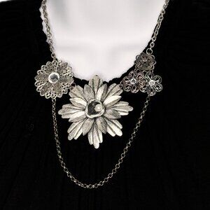 Vintage Metal Flower Drop Chain Neckace, Rhinestone and Pearl Accents, 20"